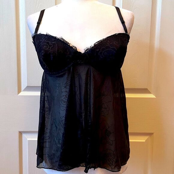 VINTAGE BLACK LACE & CHIFFON BABY DOLL VICTORIA’S SECRET SEXY LITTLE THINGS 36C - Picture 1 of 7